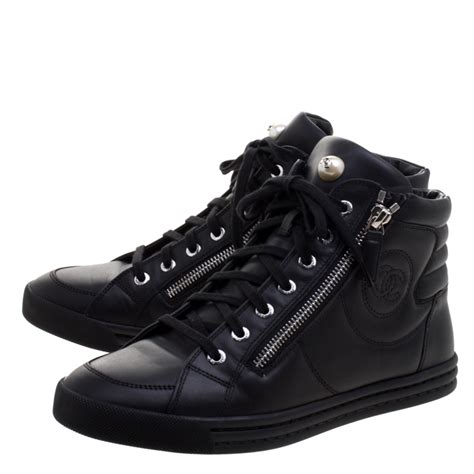 chanel high top sneakers black|Chanel cc trainers.